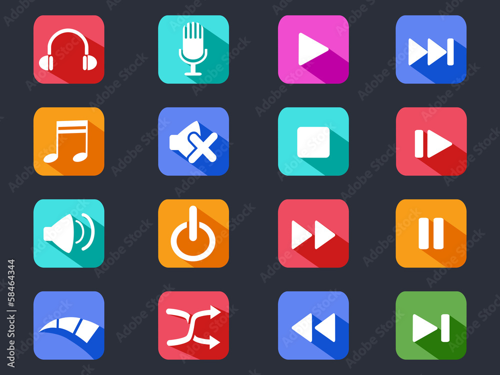 flat media button long shadow icons