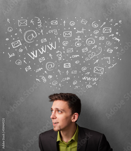 Businessman thinking with social network icons above his head