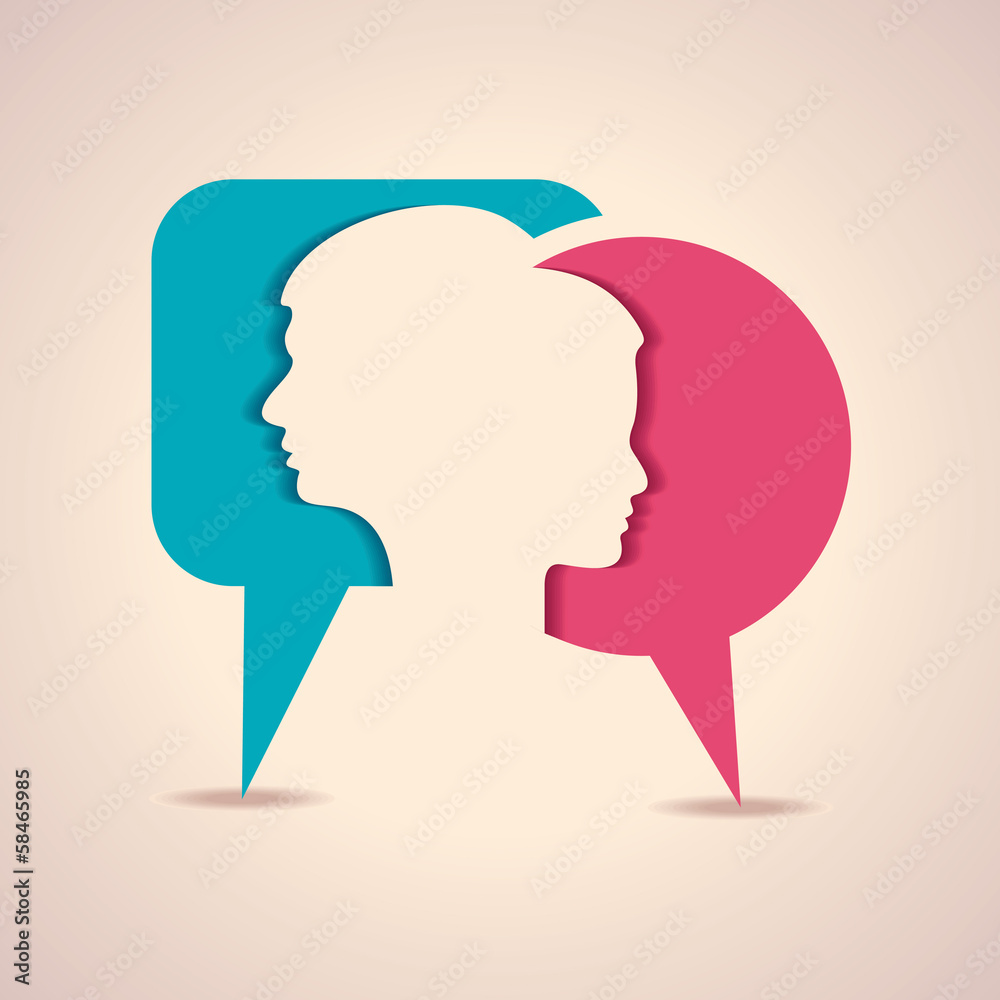 Illustration of male and female face with message bubble
