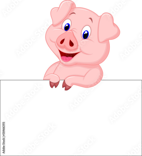 Cute pig holding blank sign