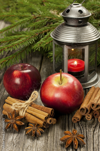 christmas still life with apples and  lantern