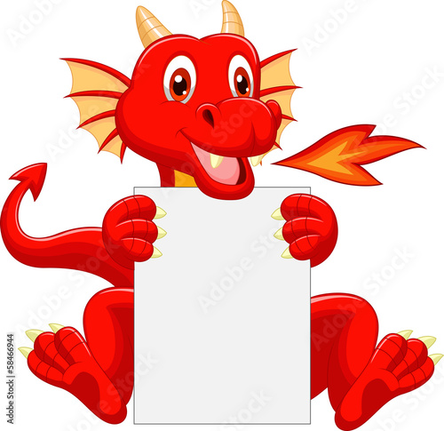 Cute dragon cartoon holding blank sign
