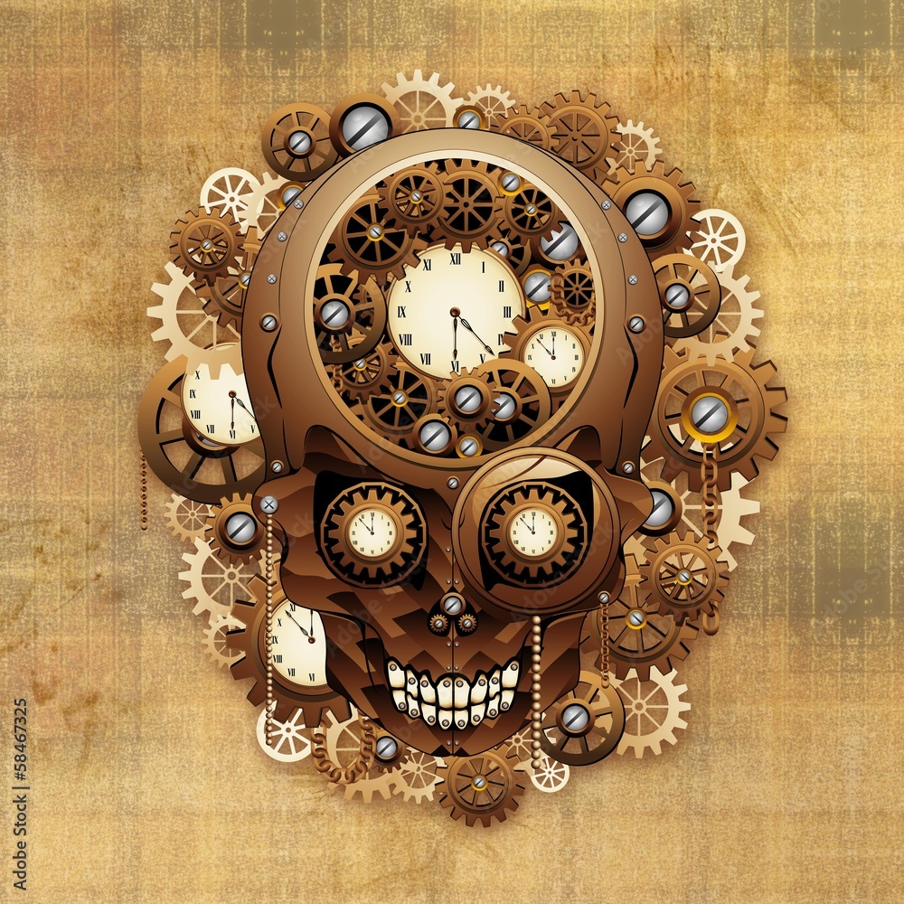 Illustrazione Stock Steampunk Skull Vintage Style-Teschio Meccanismo  Orologio