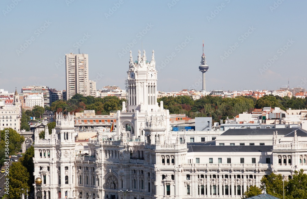 Closeup of Palacio de Comunicaciones and facade, Madrid, Spain
