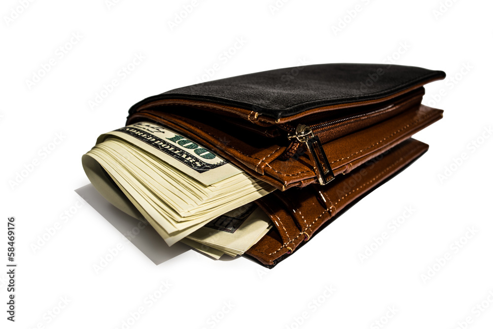 leather purse with dollars on a white background leather purse with dollars on a white background