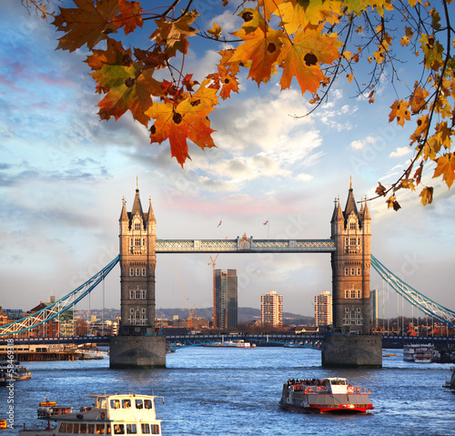 Canvas Print Tower Bridge with autumn leaves in London, England