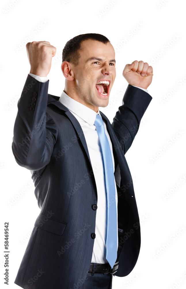Happy manager with fists up, isolated on white Happy manager with fists up, isolated on white