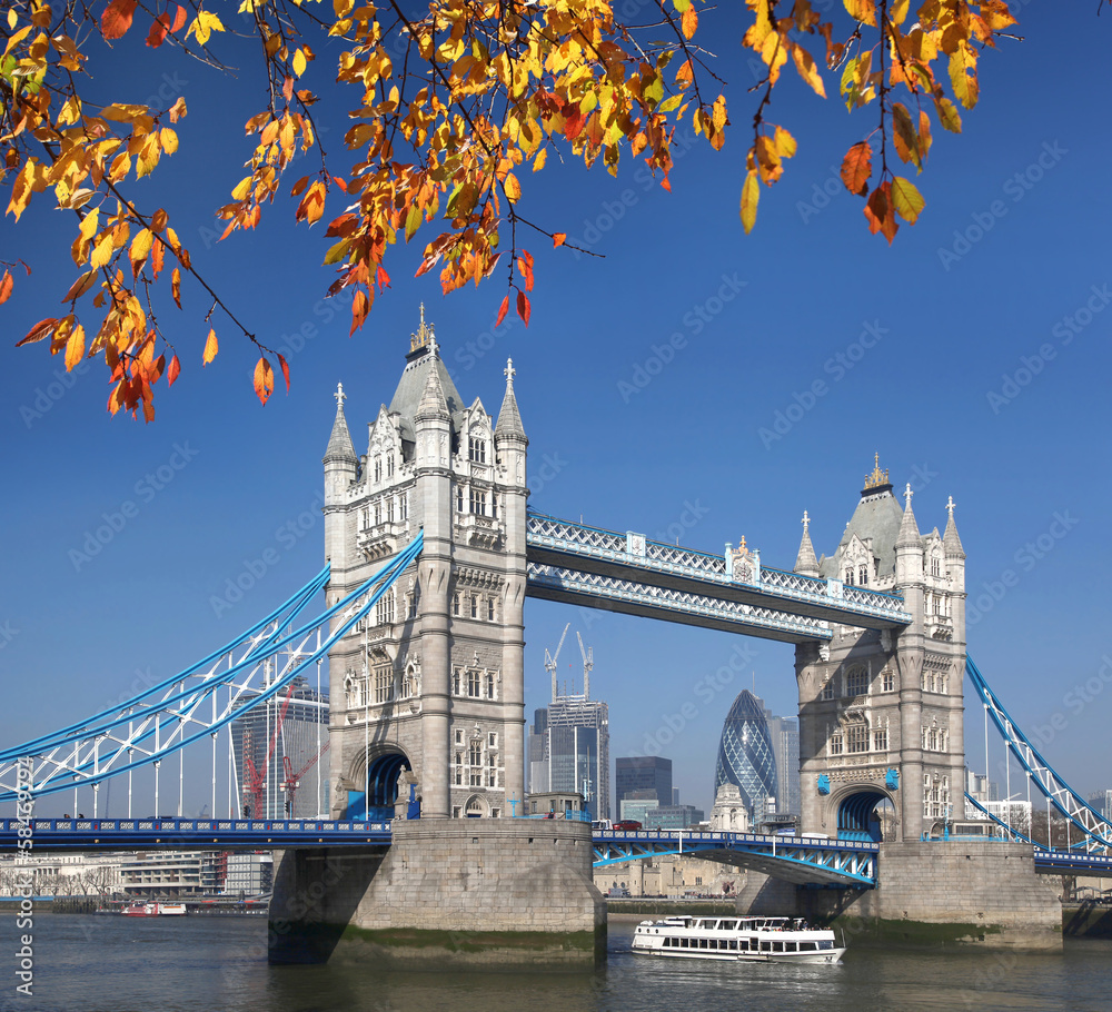 Obraz premium Tower Bridge with autumn leaves in London, England