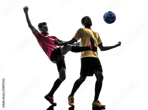 two men soccer player standing silhouette