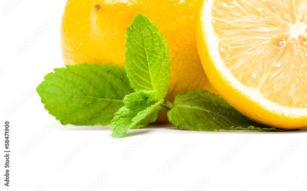Close up of lemons with melissa, isolated Close up of lemons with melissa, isolated