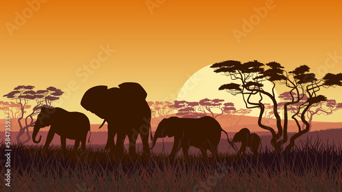 Horizontal illustration of wild animals in African sunset savann