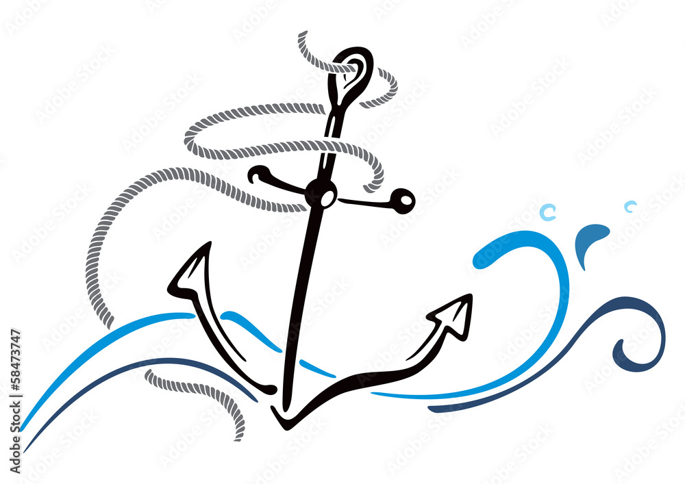 Naklejka premium Anchor wrapped with rope drooped in waves