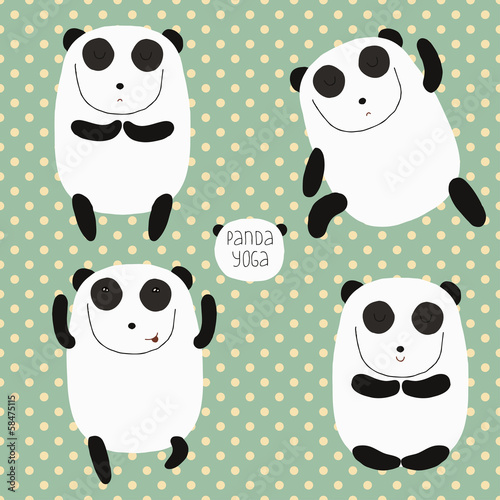 Cheerful set with cartoon panda. Panda does yoga.
