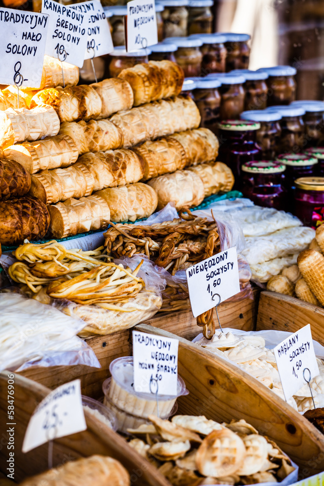 Fototapeta premium Traditional polish smoked cheese oscypek on market in Zakopane