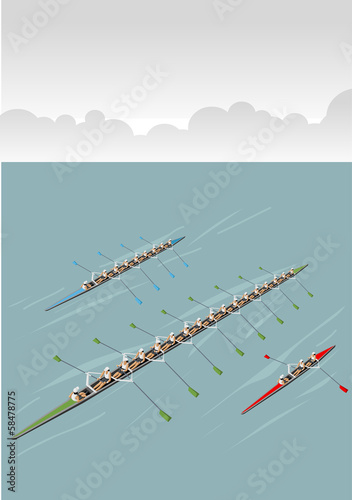 Race of men rowing team. Working together.