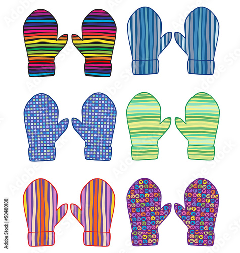 Collection of mittens with bright geometric ornament