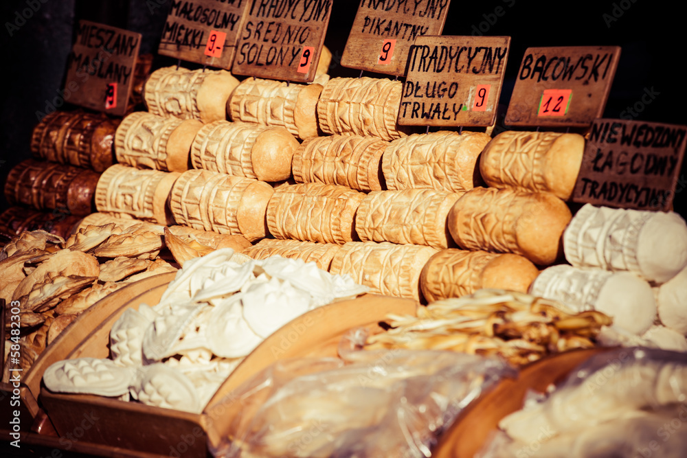 Fototapeta premium Traditional polish smoked cheese oscypek on market in Zakopane