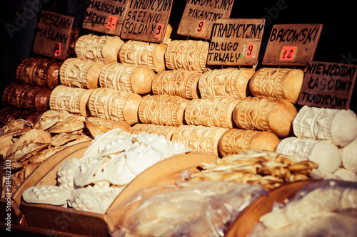 Traditional polish smoked cheese oscypek on market in Zakopane