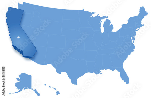 Map of United States with states where California is pulled-out