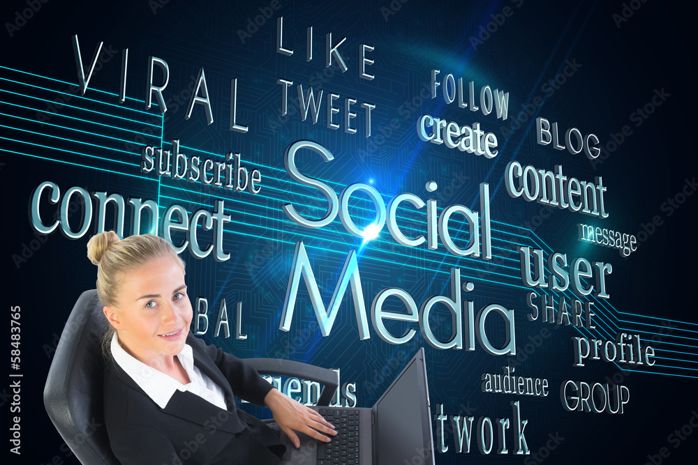 Composite image of businesswoman sitting on swivel chair with la Composite image of businesswoman sitting on swivel chair with la