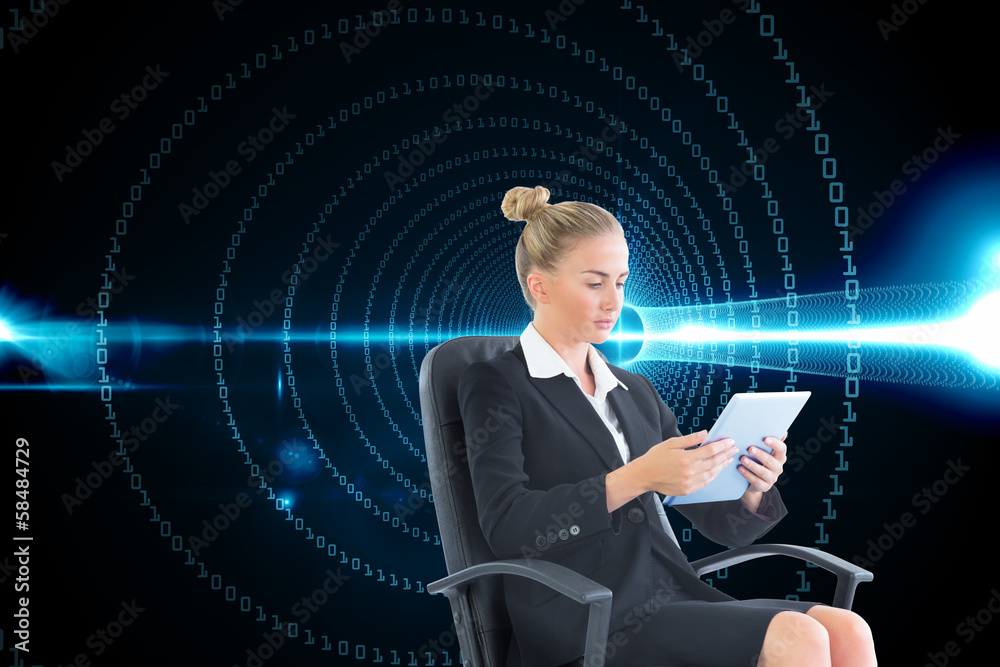 Composite image of businesswoman sitting on swivel chair with ta Composite image of businesswoman sitting on swivel chair with ta