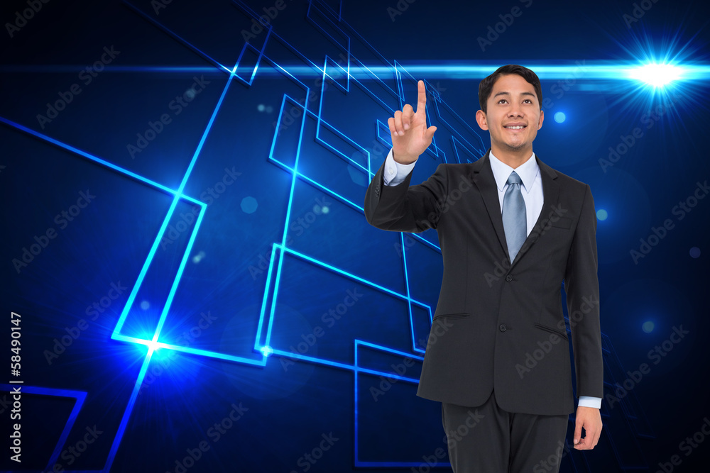 Composite image of smiling asian businessman pointing Composite image of smiling asian businessman pointing