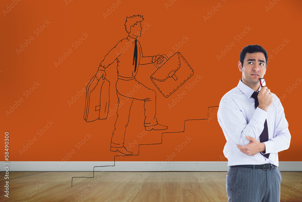 Composite image of thinking businessman holding glasses Composite image of thinking businessman holding glasses