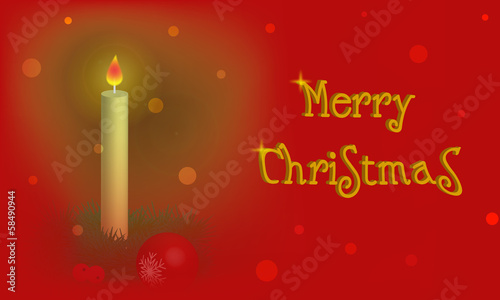 Red Christmas background with candle and wish of Merry Christmas