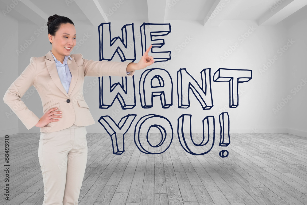 Composite image of smiling asian businesswoman pointing Composite image of smiling asian businesswoman pointing