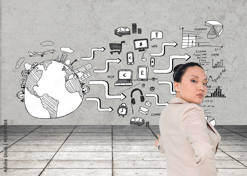 Composite image of unsmiling asian businesswoman pointing Composite image of unsmiling asian businesswoman pointing