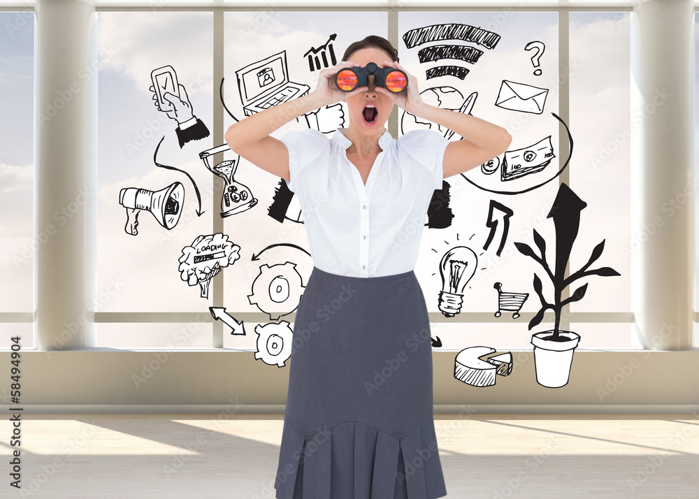 Obraz premium Composite image of shocked elegant businesswoman looking through