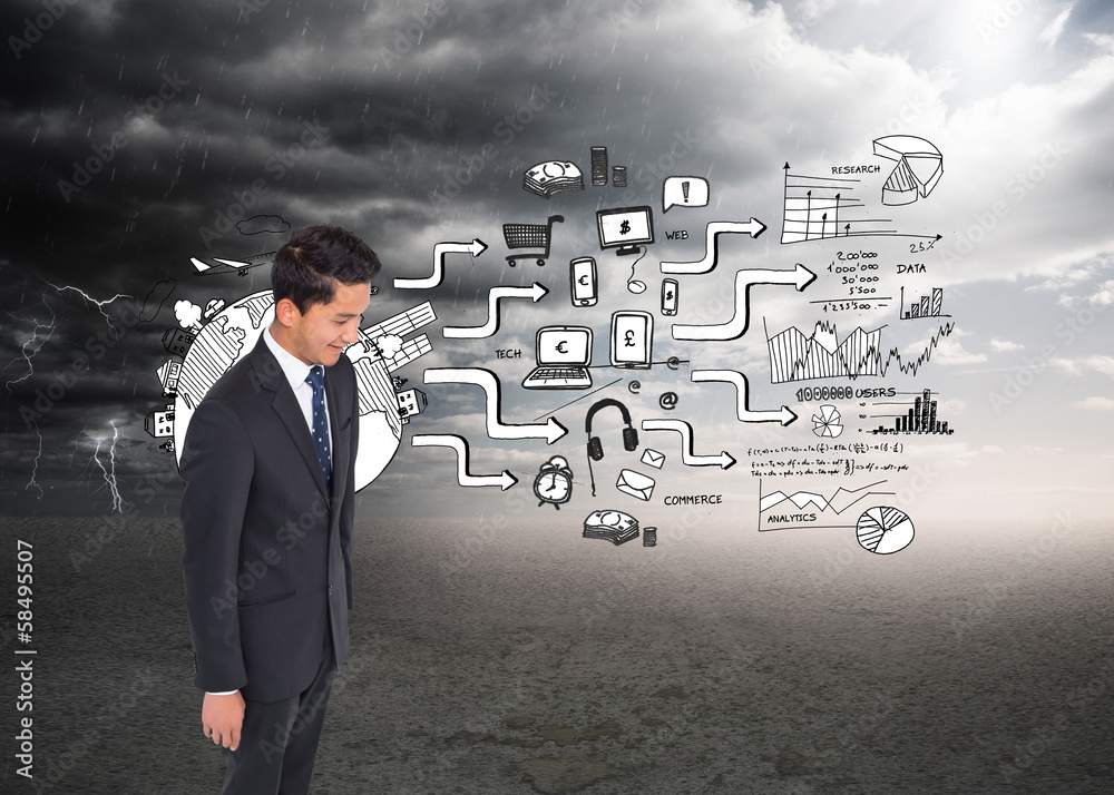Composite image of smiling businessman looking down Composite image of smiling businessman looking down