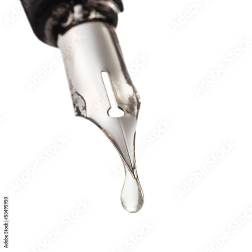 transparent water drop dripping from nib of pen