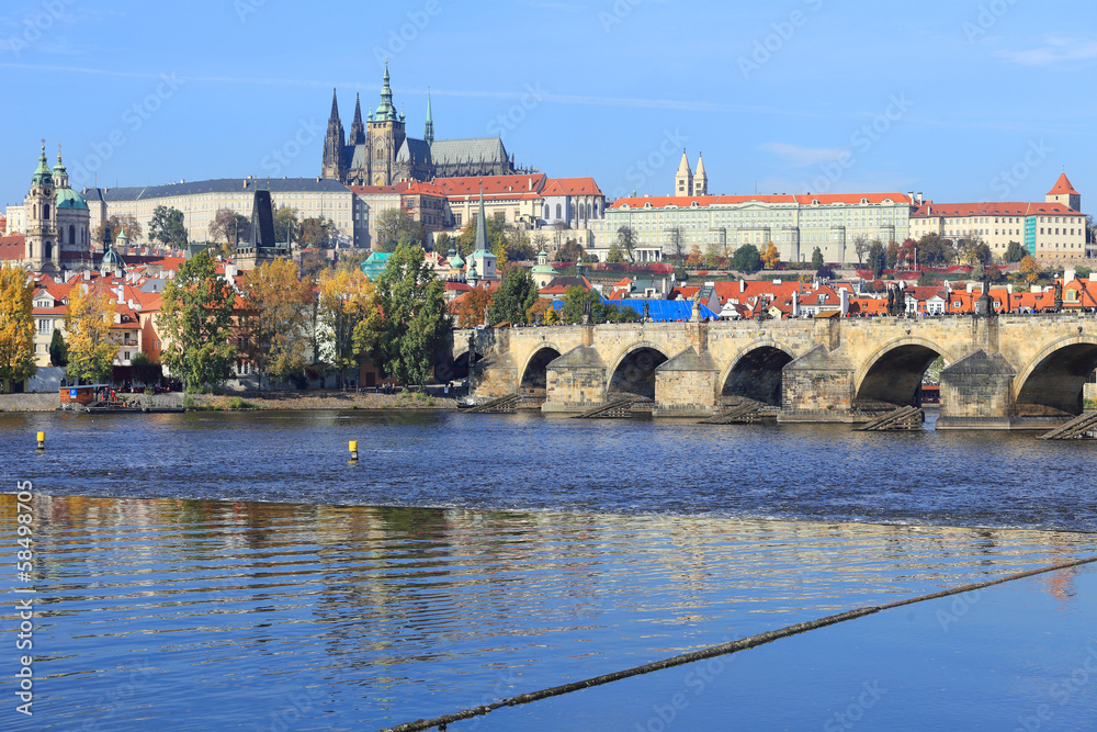 Autumn Prague gothic Castle with Charles Bridge, Czech Republic