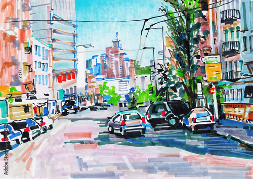 marker painting of cityscape