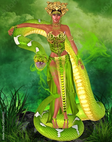 Magic snake goddess in green garden photo