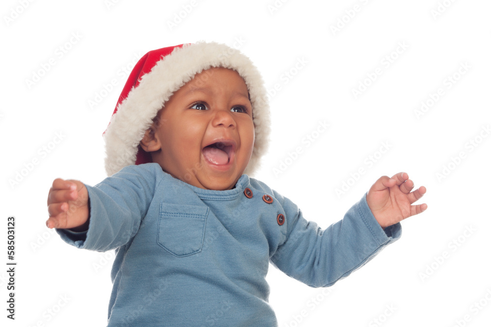 Adorable african baby with Christmas hat shouting Adorable african baby with Christmas hat shouting