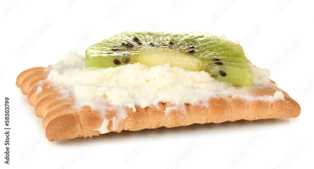 Cookies with milk cheese and kiwi, isolated on white Cookies with milk cheese and kiwi, isolated on white