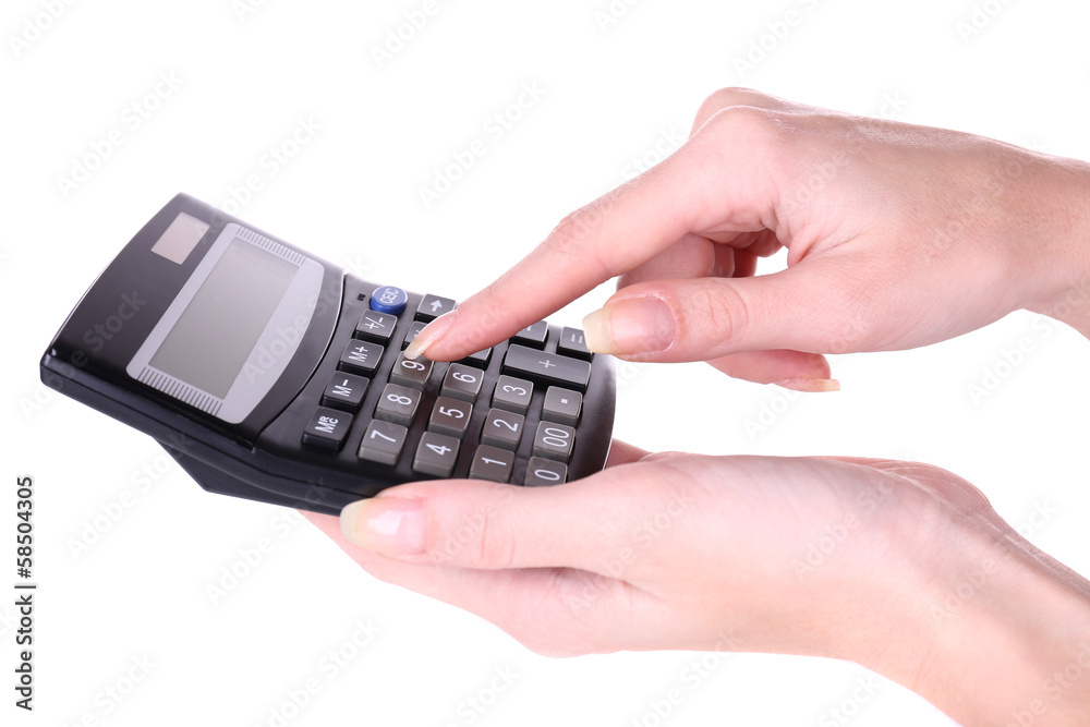 Female hands holding digital calculator isolated on white Female hands holding digital calculator isolated on white