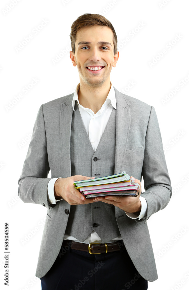 Young teacher review tests isolated on white Young teacher review tests isolated on white