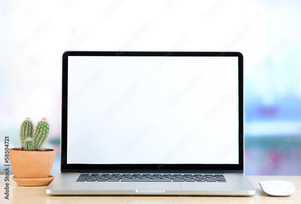 Laptop and cactus in flowerpot on wooden table Laptop and cactus in flowerpot on wooden table