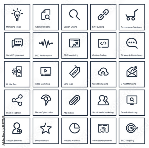 Outlines SEO Icon Set, dark blue square