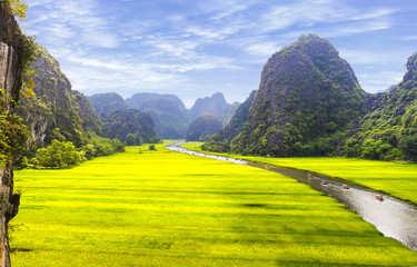 Foto auf Acrylglas Gelb Reisfeld und -fluss, Landschaften NinhBinhs, Vietnam  © sonha