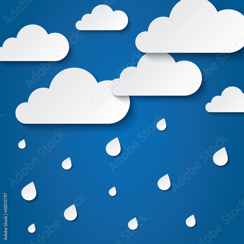 Paper white clouds on blue. Paper raindrops.