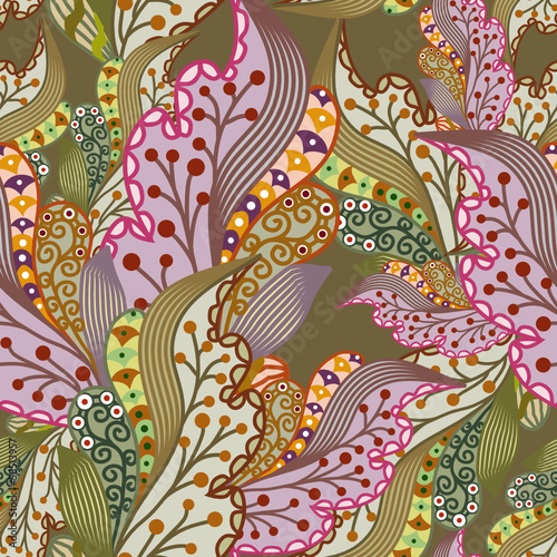 Seamless texture with ornate flowers and leaf 