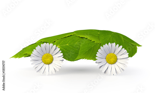 Fototapeta Naklejka Na Ścianę i Meble -  Funny Leaf Car with Daisy Wheels