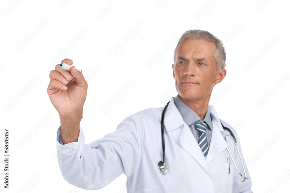 Old doctor writing with marker on invisible surface. Old doctor writing with marker on invisible surface.