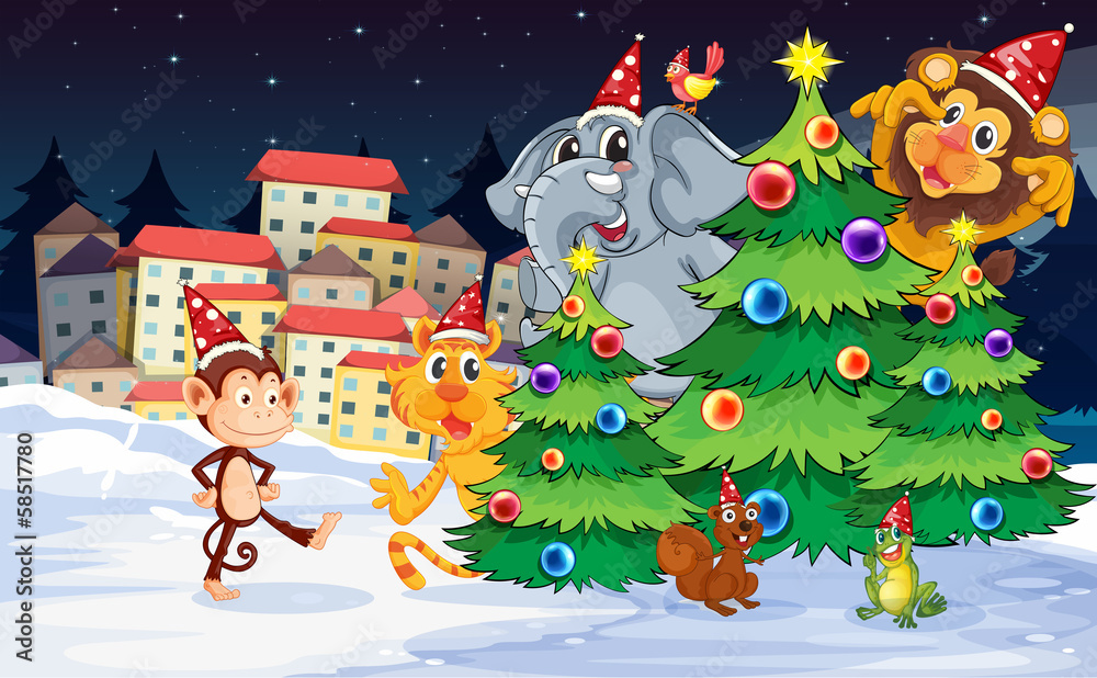 Fototapeta premium Animals near the christmas trees