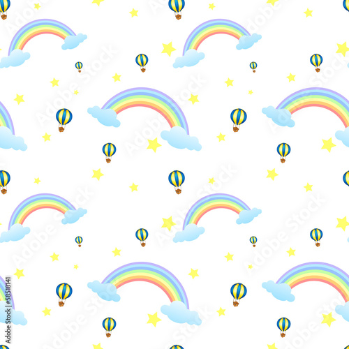 A seamless design with rainbows and floating balloons