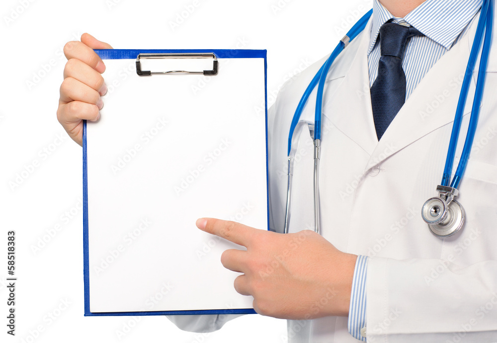 The doctor in a white coat with a stethoscope holding a folder w The doctor in a white coat with a stethoscope holding a folder w